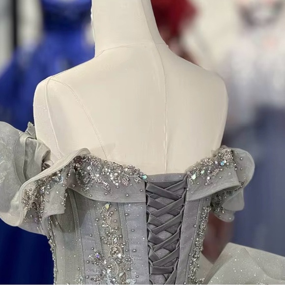 Dresses & Skirts - Elegant Gray Off-Shoulder Gown with Beaded Details